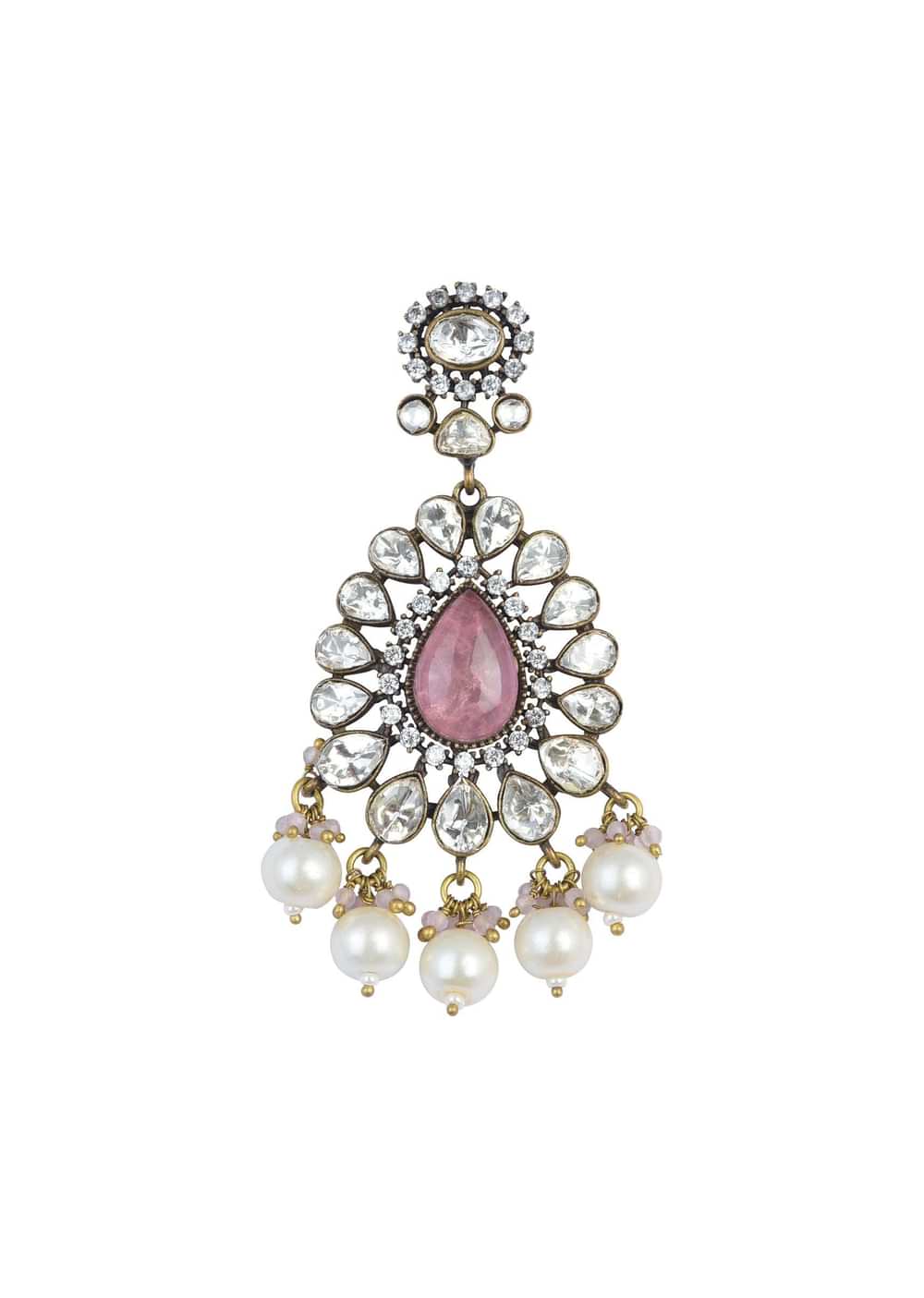 Two Tone Finish Victorian Polki Choker Set With Pearl Strings And Floral Motifs