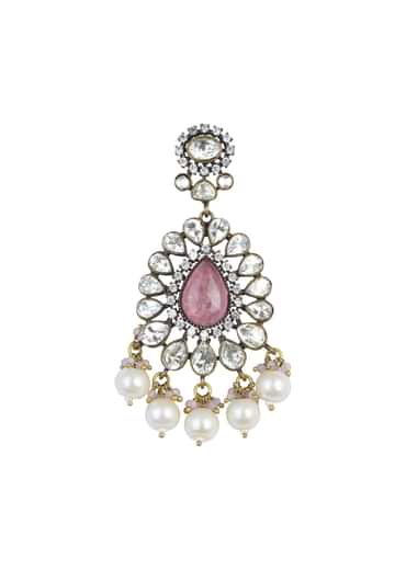 Two Tone Finish Victorian Polki Choker Set With Pearl Strings And Floral Motifs