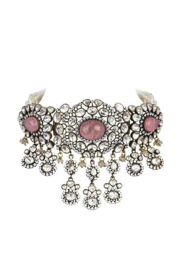 Two Tone Finish Victorian Polki Choker Set With Pearl Strings And Floral Motifs