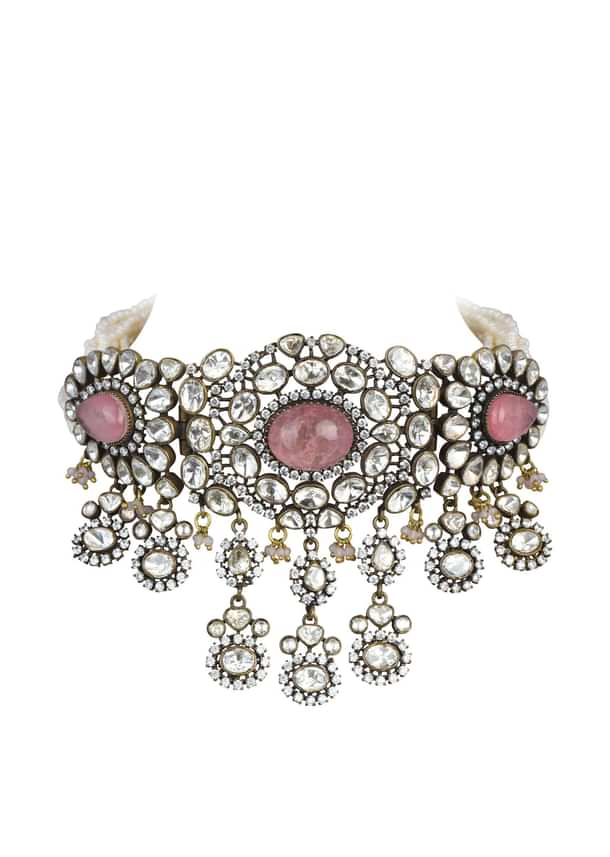 Two Tone Finish Victorian Polki Choker Set With Pearl Strings And Floral Motifs