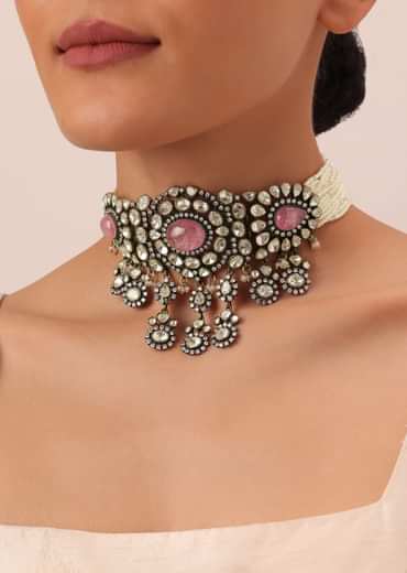 Two Tone Finish Victorian Polki Choker Set With Pearl Strings And Floral Motifs
