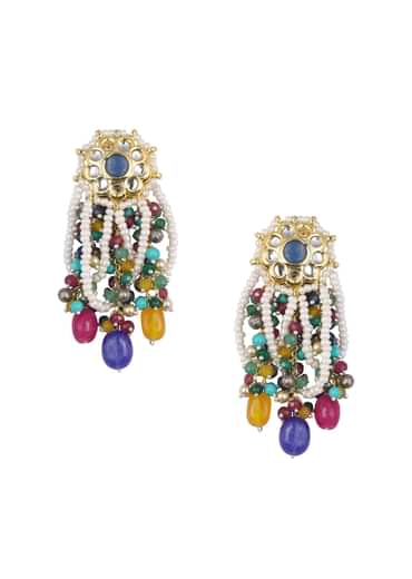 Two Tone Fusion Danglers With Multicolor Bead Drops And Meenakari