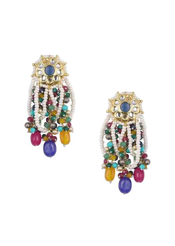 Two Tone Fusion Danglers With Multicolor Bead Drops And Meenakari Two Tone Fusion Danglers With Multicolor Bead Drops And Meenakari