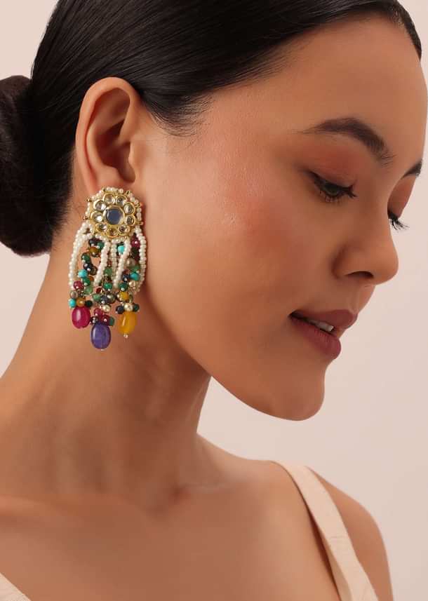 Two Tone Fusion Danglers With Multicolor Bead Drops And Meenakari Two Tone Fusion Danglers With Multicolor Bead Drops And Meenakari
