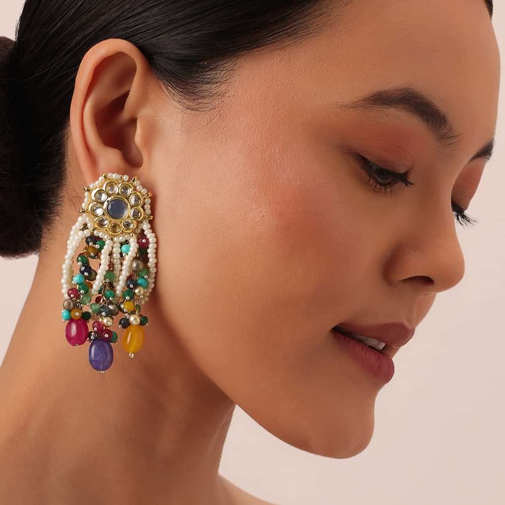 Two Tone Fusion Danglers With Multicolor Bead Drops And Meenakari