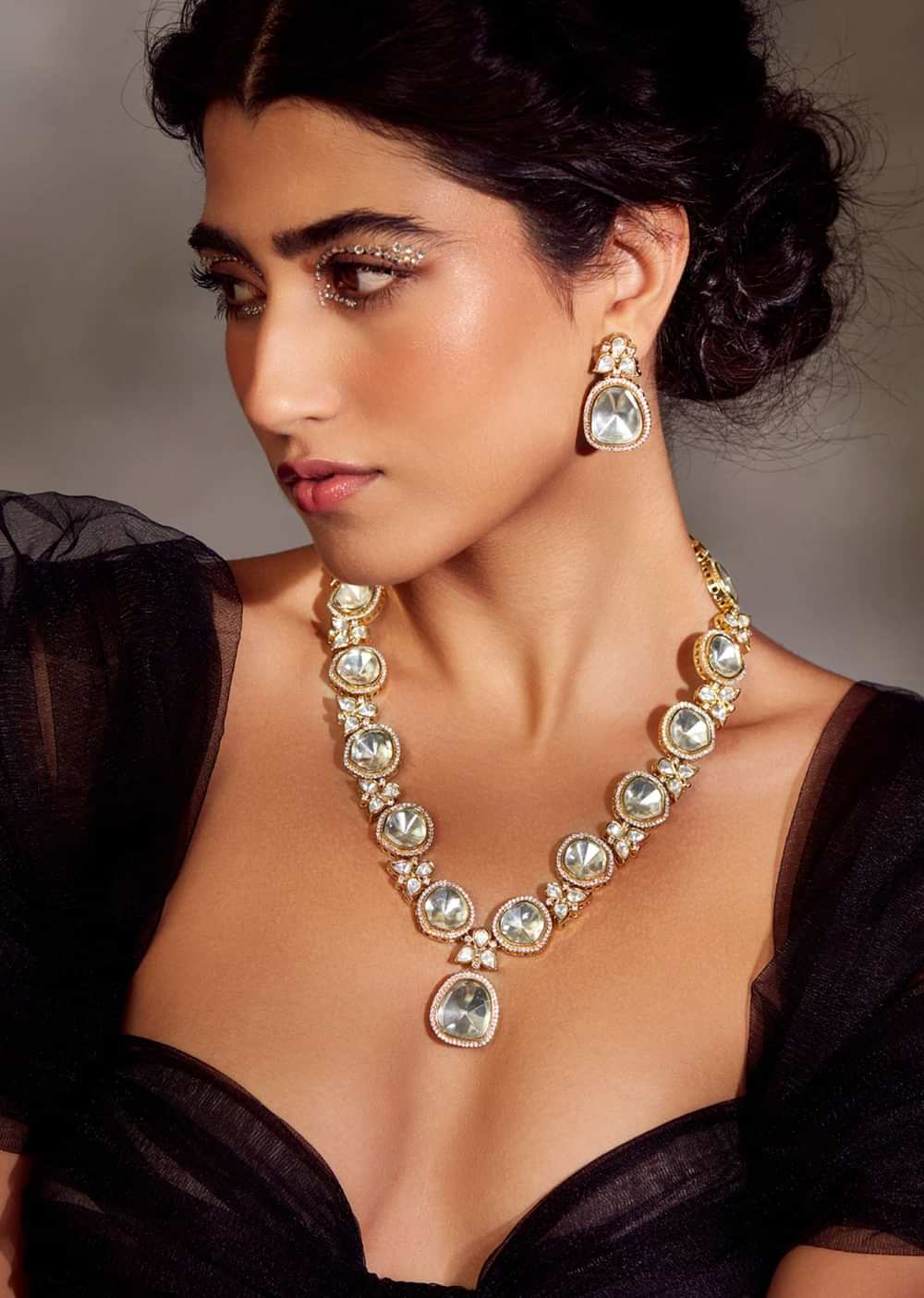 Two Tone Gold Plated Victorian Polki Necklace Set