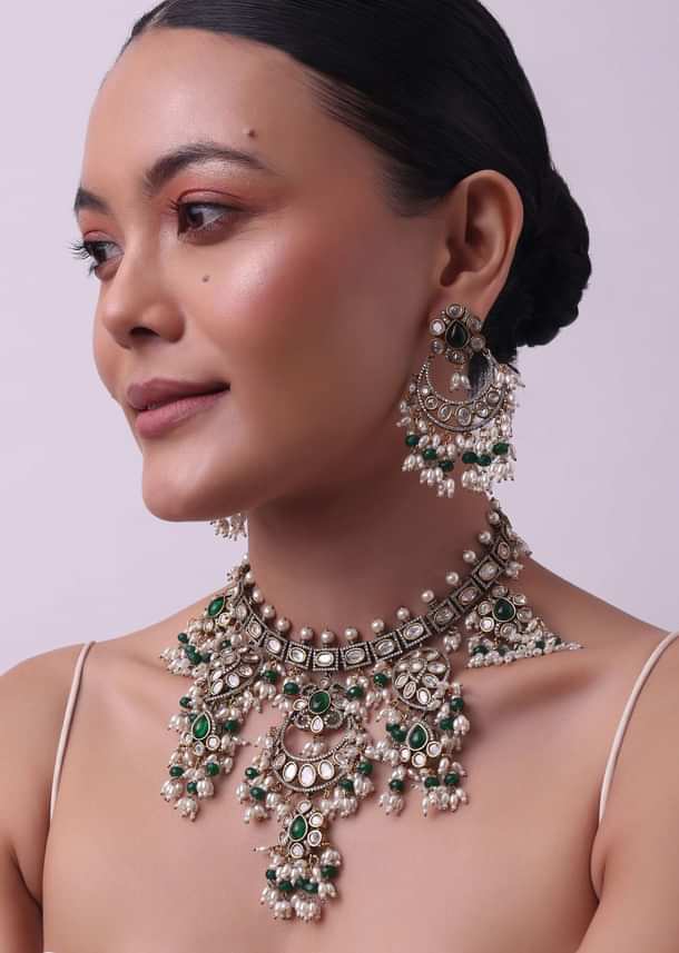Two Tone Green Kundan Polki Necklace Set In Mix Metal