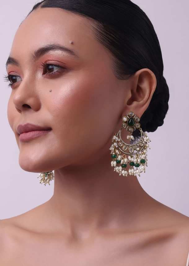 Two Tone Green Kundan Polki Necklace Set In Mix Metal