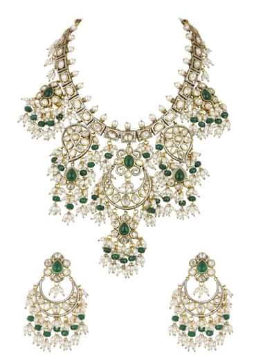 Two Tone Green Kundan Polki Necklace Set In Mix Metal