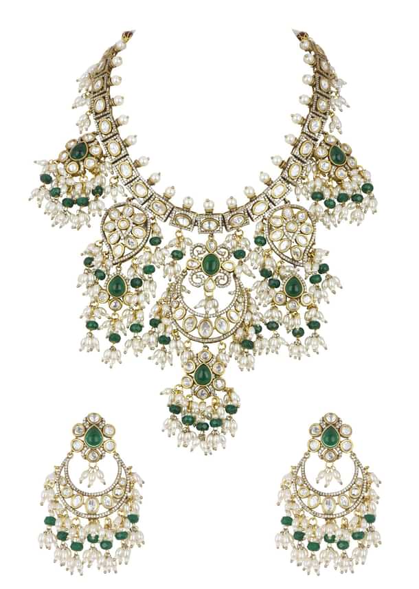 Two Tone Green Kundan Polki Necklace Set In Mix Metal