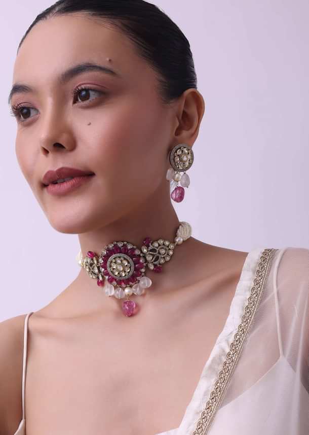 Two Tone Kundan Choker And Earring Set With Red And Pink Stones Two Tone Kundan Choker And Earring Set With Red And Pink Stones
