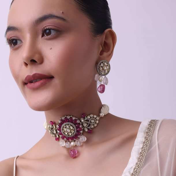 Two Tone Kundan Choker And Earring Set With Red And Pink Stones Two Tone Kundan Choker And Earring Set With Red And Pink Stones