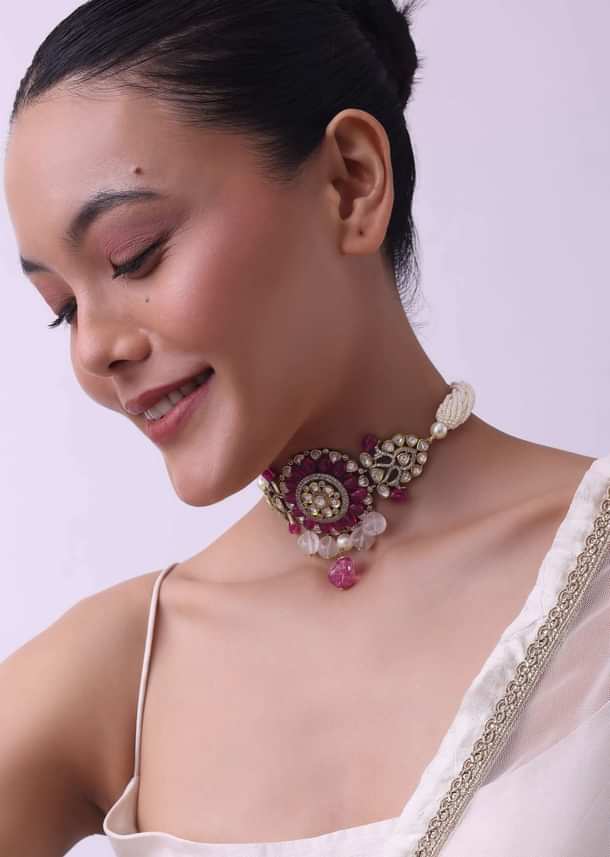 Two Tone Kundan Choker And Earring Set With Red And Pink Stones Two Tone Kundan Choker And Earring Set With Red And Pink Stones