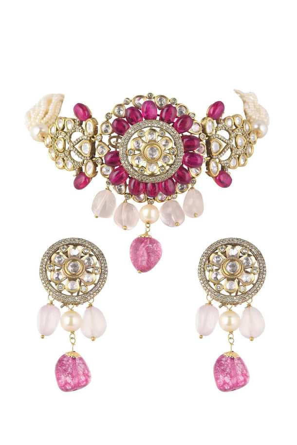 Two Tone Kundan Choker And Earring Set With Red And Pink Stones Two Tone Kundan Choker And Earring Set With Red And Pink Stones