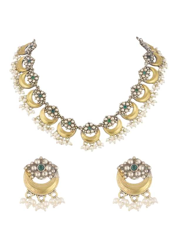 Two Tone Oxidised Necklace And Earrings Set With Pearls Two Tone Oxidised Necklace And Earrings Set With Pearls