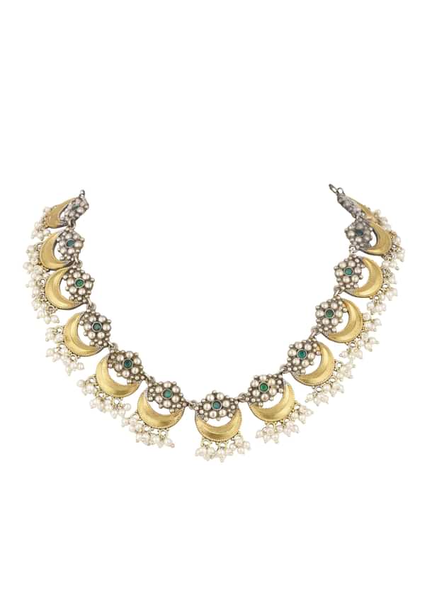 Two Tone Oxidised Necklace And Earrings Set With Pearls Two Tone Oxidised Necklace And Earrings Set With Pearls