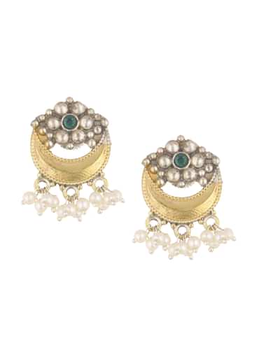 Two Tone Oxidised Necklace And Earrings Set With Pearls