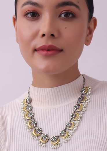 Two Tone Oxidised Necklace And Earrings Set With Pearls