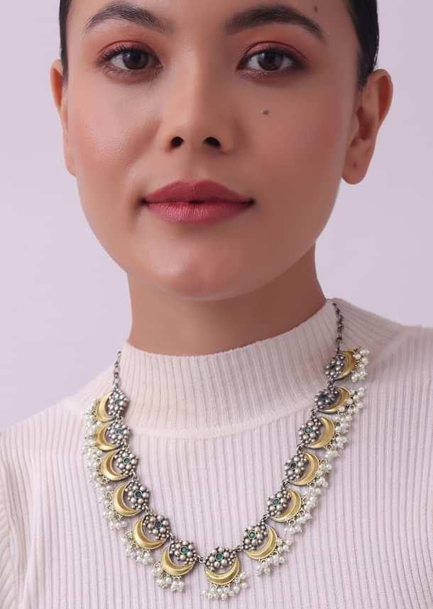 Two Tone Oxidised Necklace And Earrings Set With Pearls Two Tone Oxidised Necklace And Earrings Set With Pearls