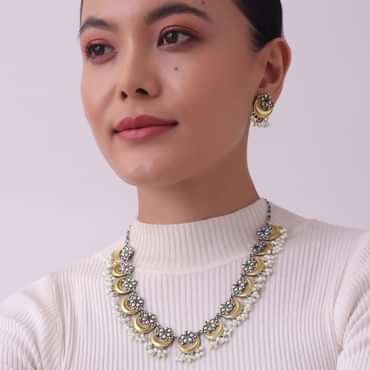 Two Tone Oxidised Necklace And Earrings Set With Pearls