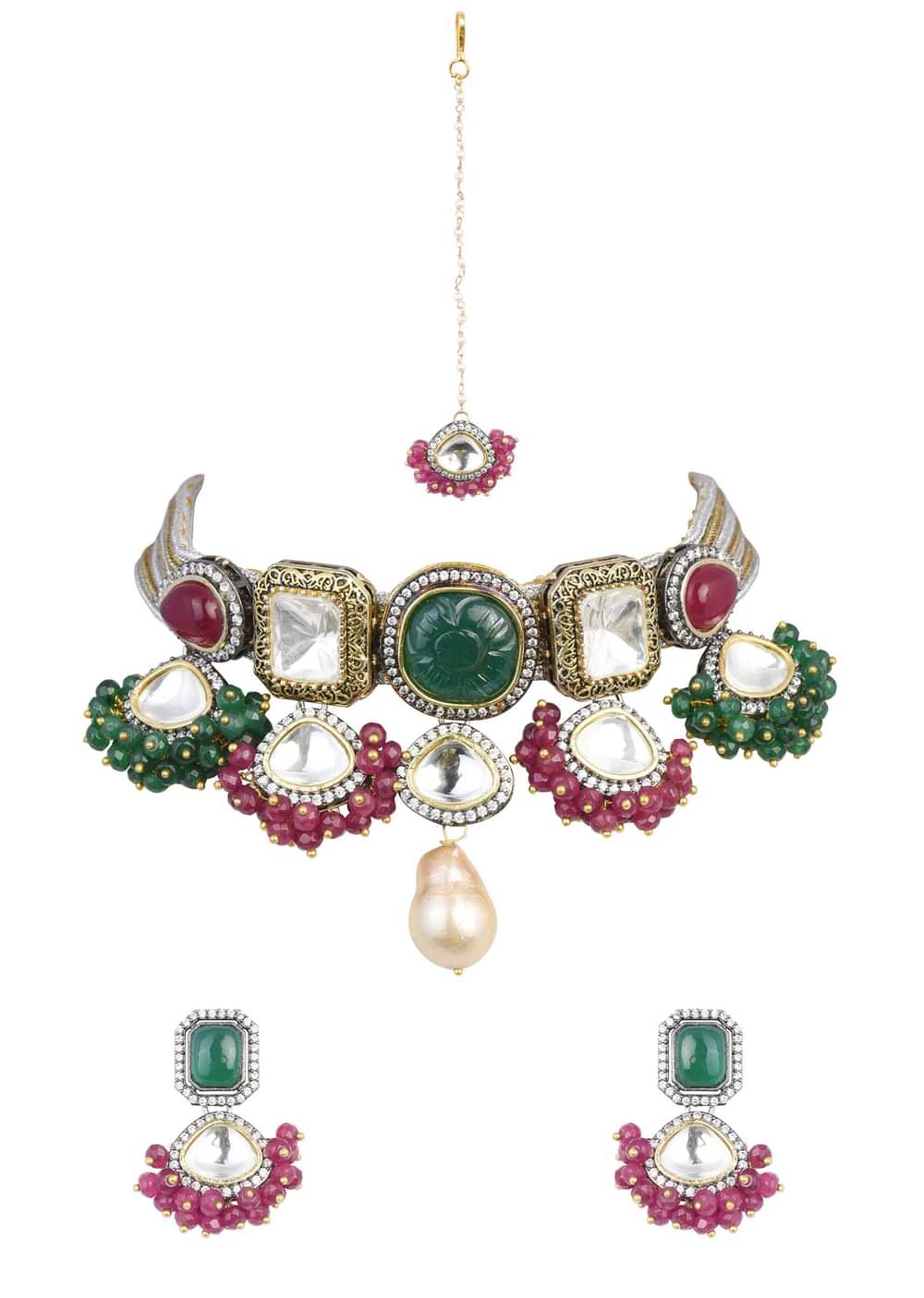 Two Tone Victorian Necklace Set With Mangtikka