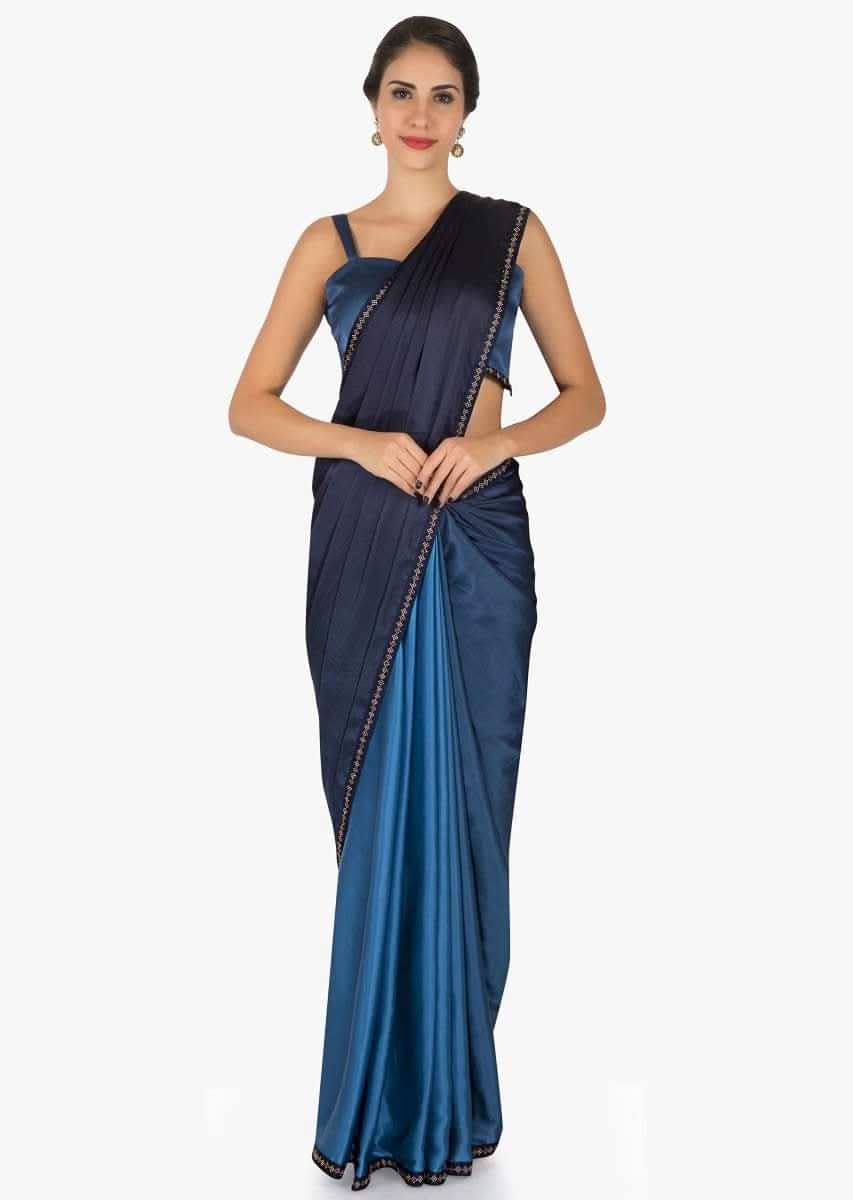Two toned blue saree in satin with unstitched blouse crafted in kundan embroidery work only on Kalki