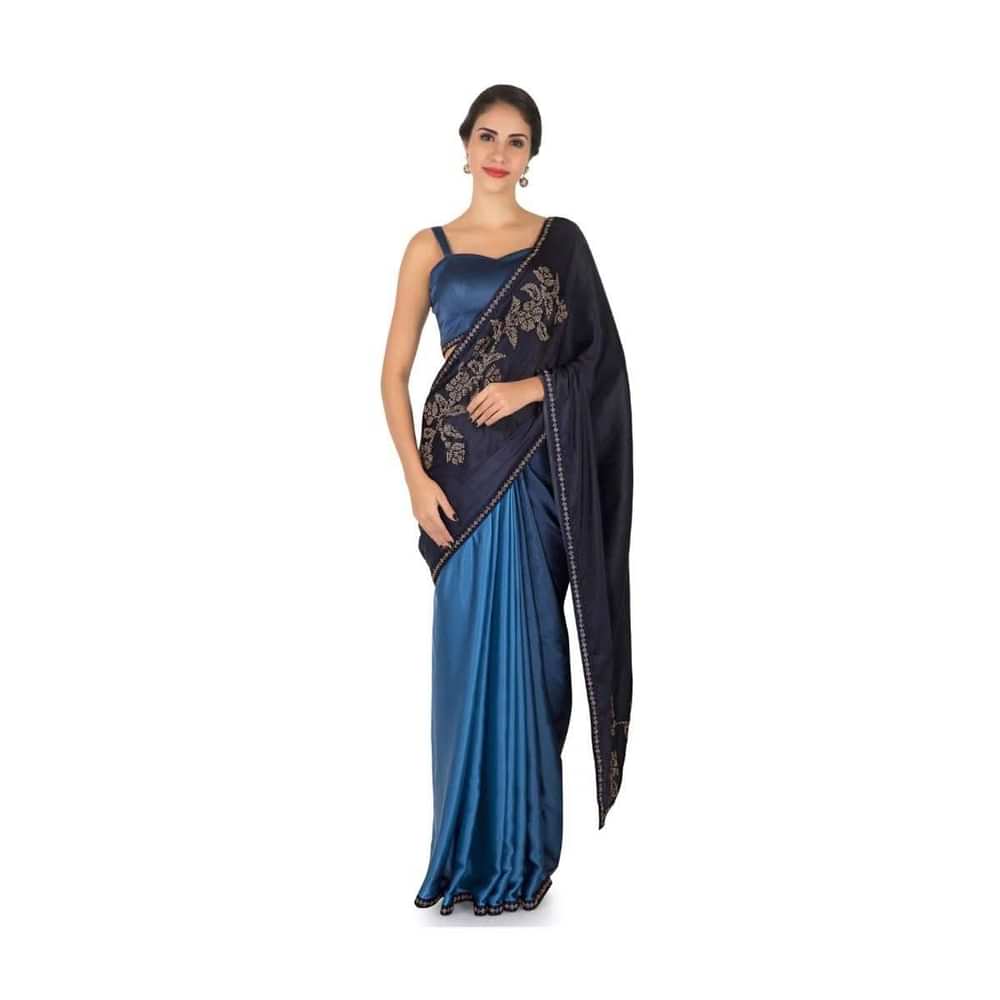 Two toned blue saree in satin with unstitched blouse crafted in kundan embroidery work only on Kalki