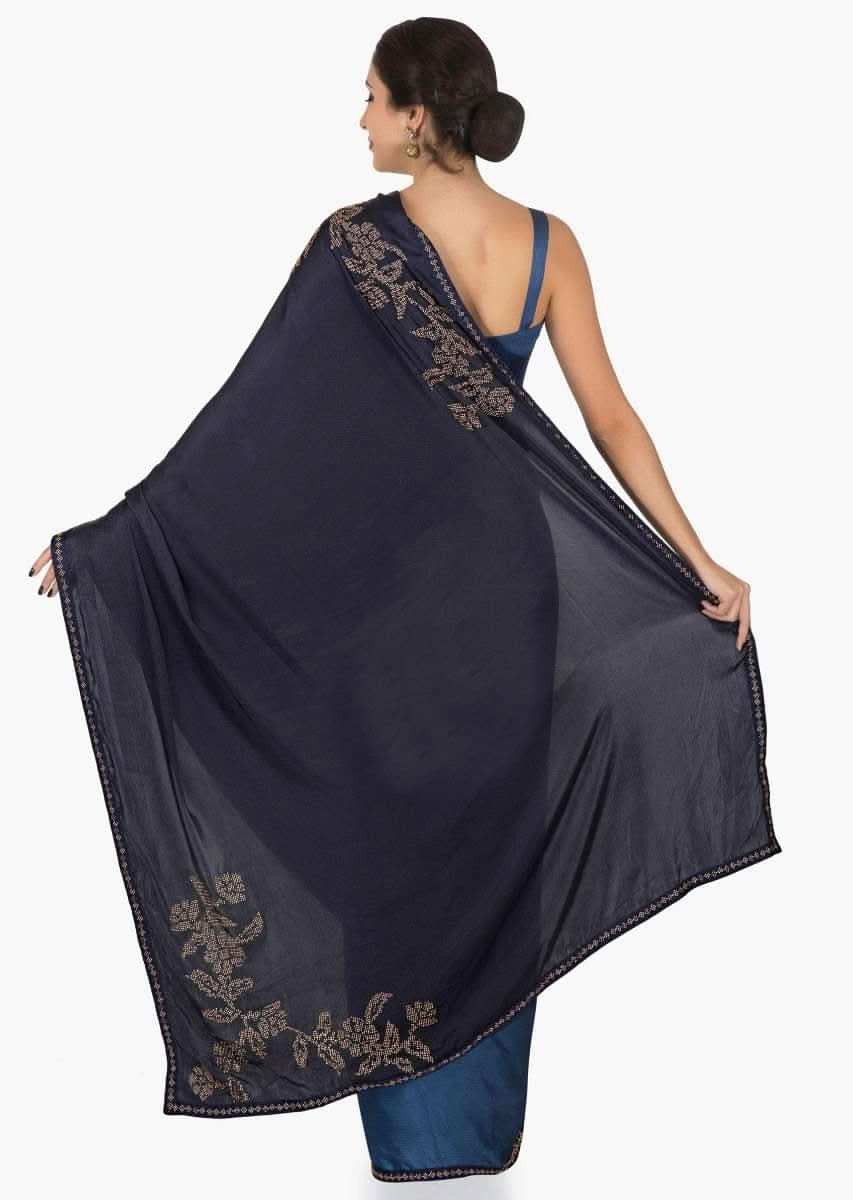 Two toned blue saree in satin with unstitched blouse crafted in kundan embroidery work only on Kalki