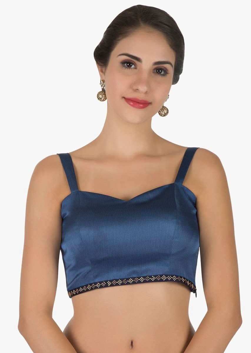 Two toned blue saree in satin with unstitched blouse crafted in kundan embroidery work only on Kalki