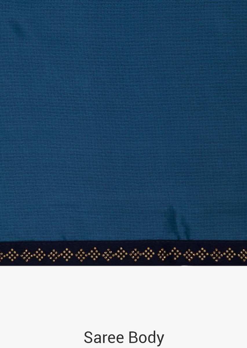 Two toned blue saree in satin with unstitched blouse crafted in kundan embroidery work only on Kalki