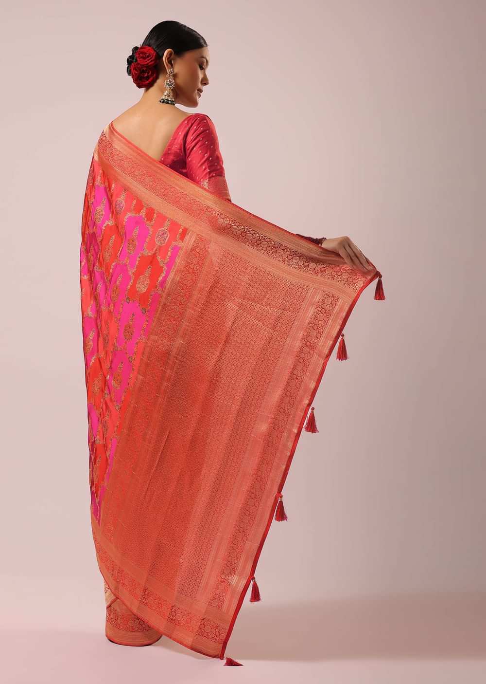 Two Toned Pink Silk And Satin Rangkat Saree With Brocade Weave