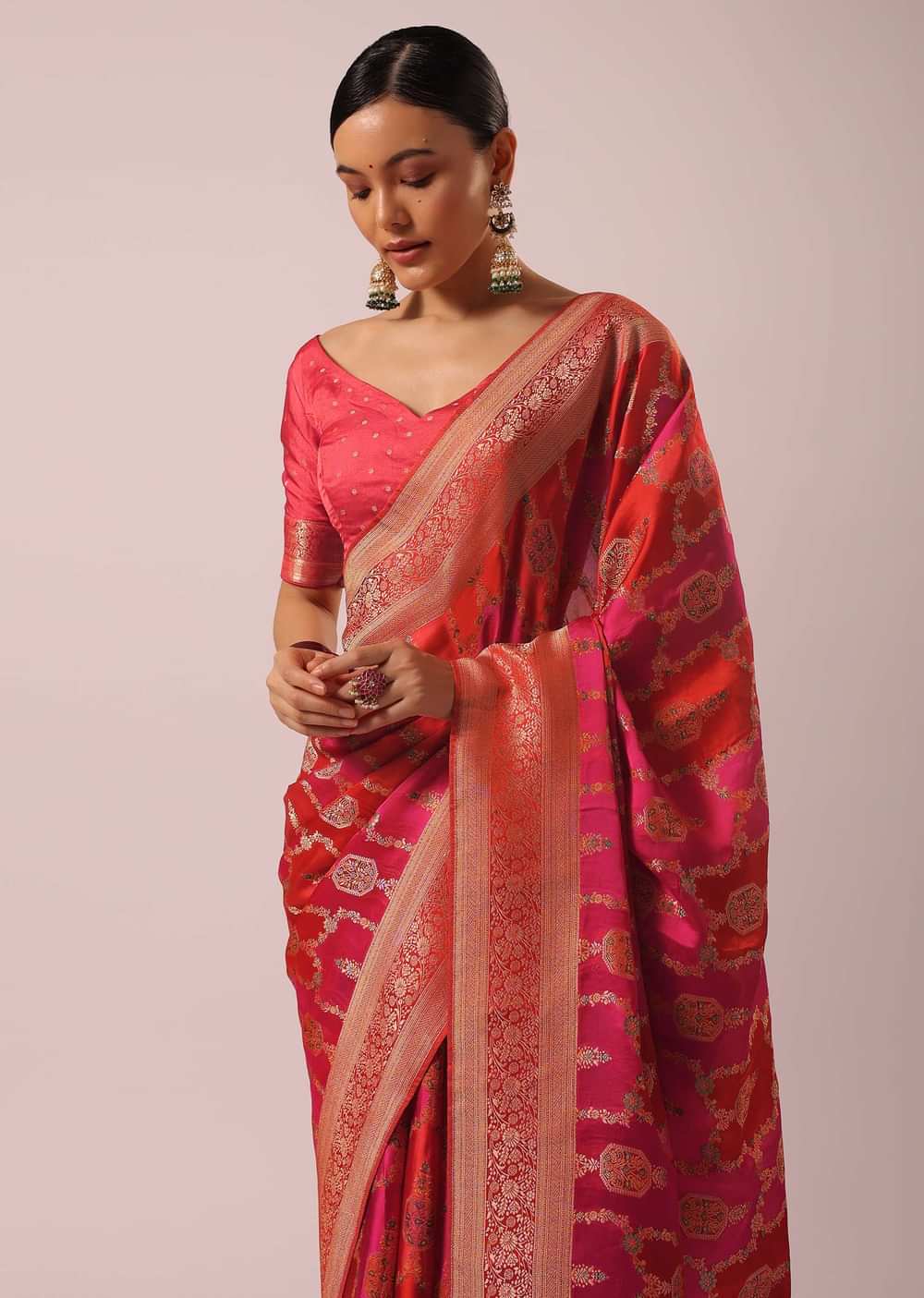 Two Toned Pink Silk And Satin Rangkat Saree With Brocade Weave