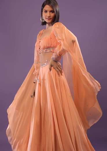 Urmi Daga In Tangerine Orange Embroidered Lehenga In Crepe