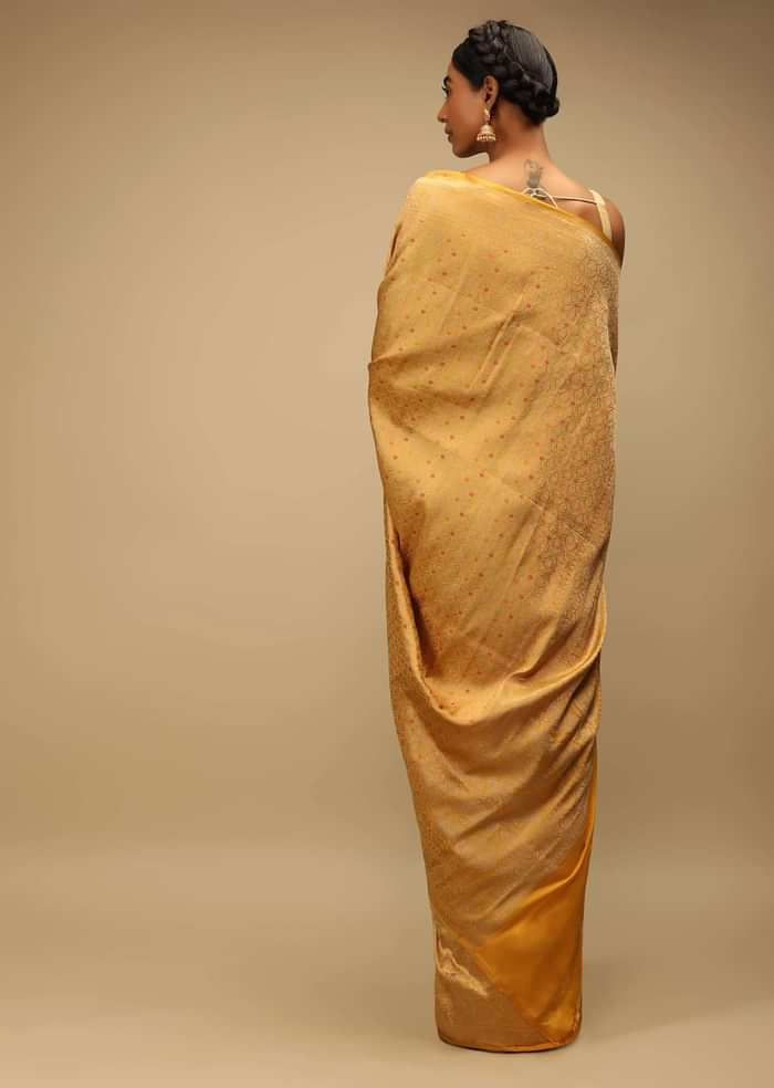 Corn Yellow Saree In Pure Handloom Silk With Woven Jaal Design