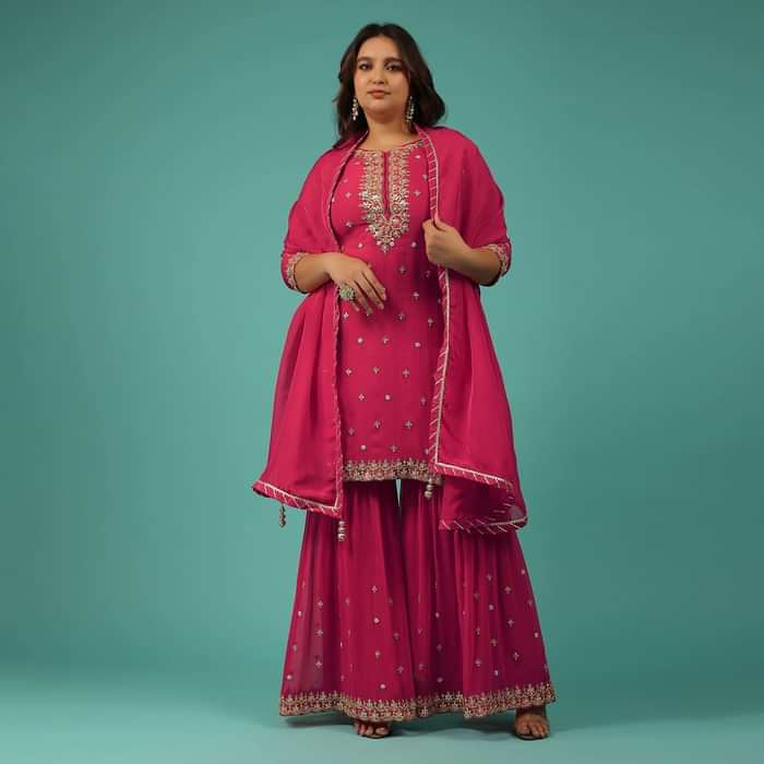 Embroidered Valentine Red Georgette Sharara Set