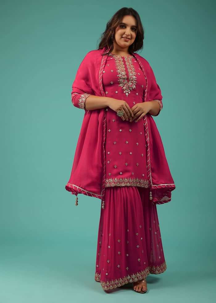 Embroidered Valentine Red Georgette Sharara Set