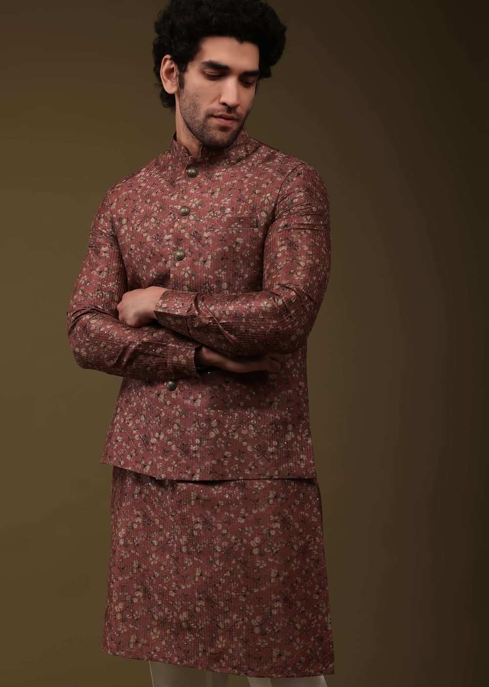 Valentine Red Jacket Kurta Set In Art Silk With Floral Print