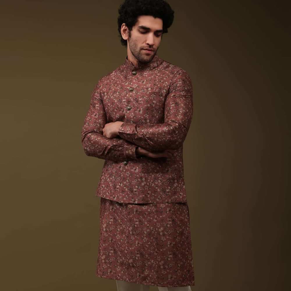 Valentine Red Jacket Kurta Set In Art Silk With Floral Print
