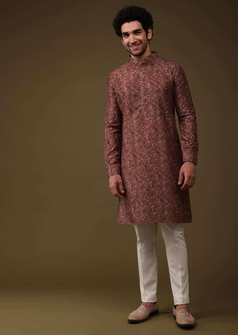 Valentine Red Jacket Kurta Set In Art Silk With Floral Print