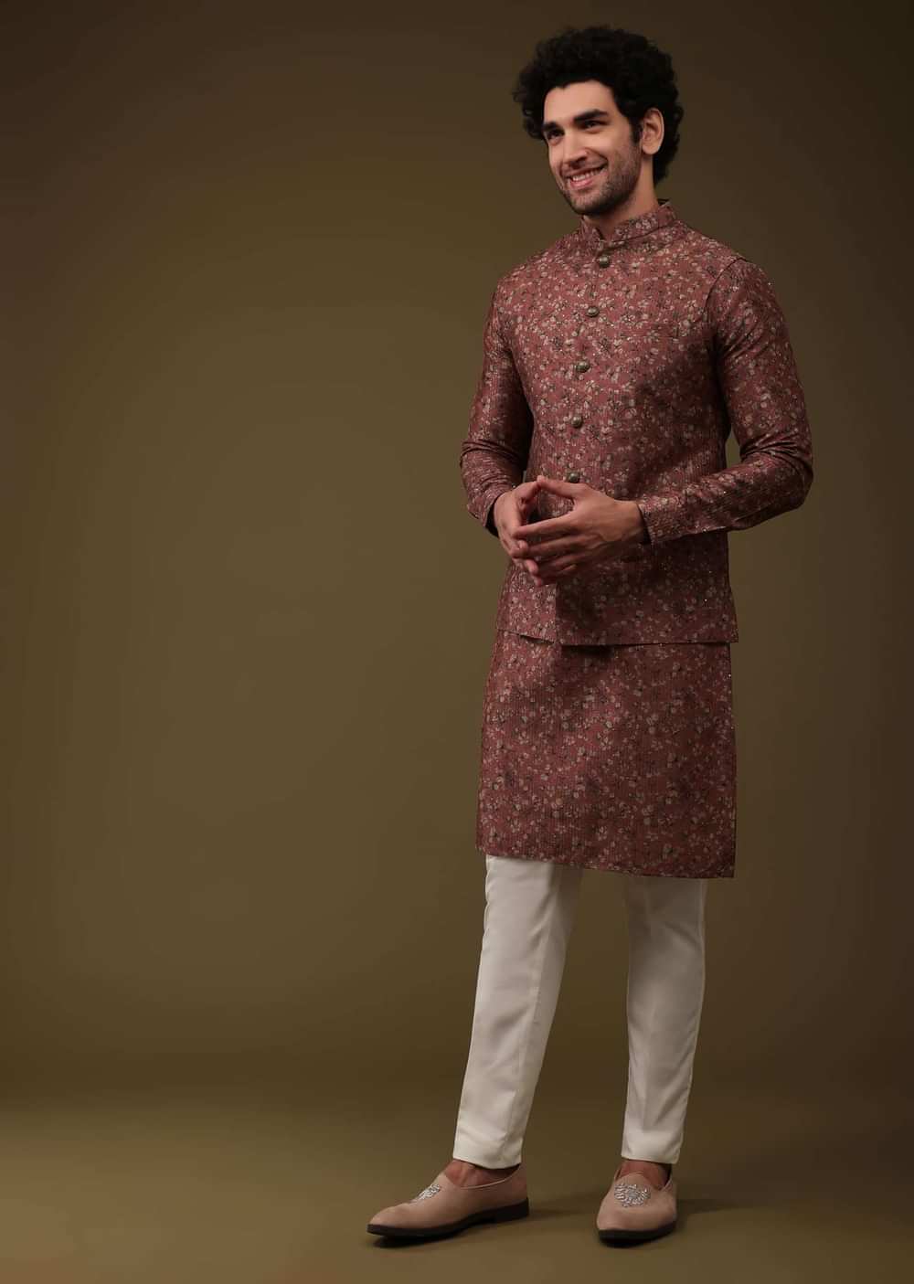 Valentine Red Jacket Kurta Set In Art Silk With Floral Print