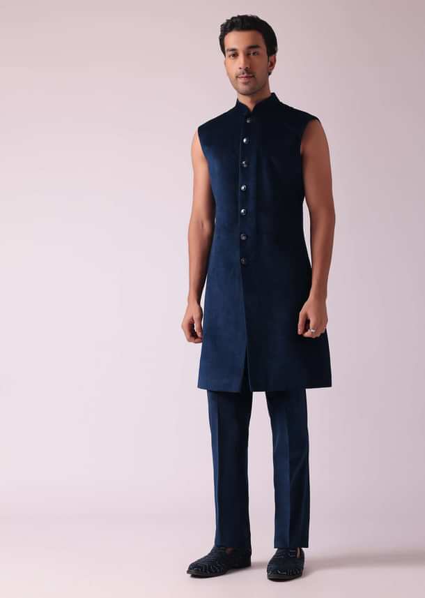 Velvet Blue Printed Indo Western Set