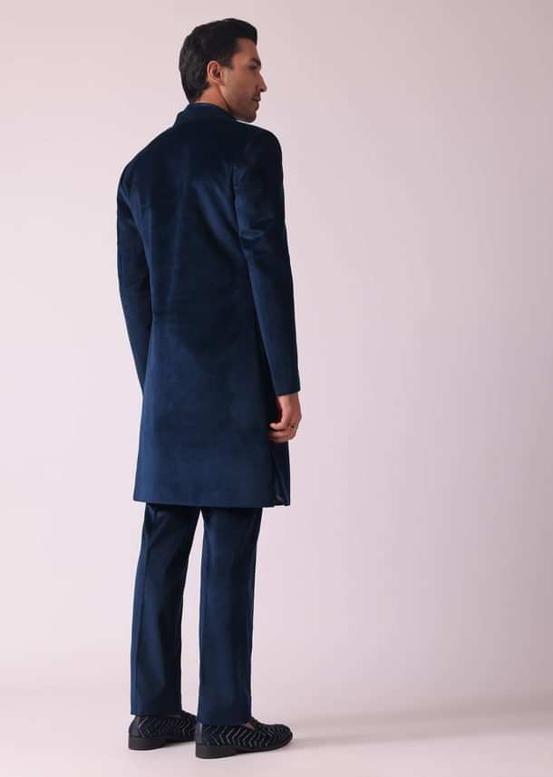 Velvet Blue Printed Indo Western Set