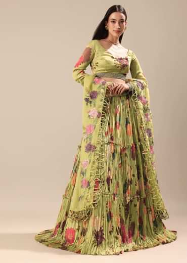 Verdant Green Printed Blouse And Skirt