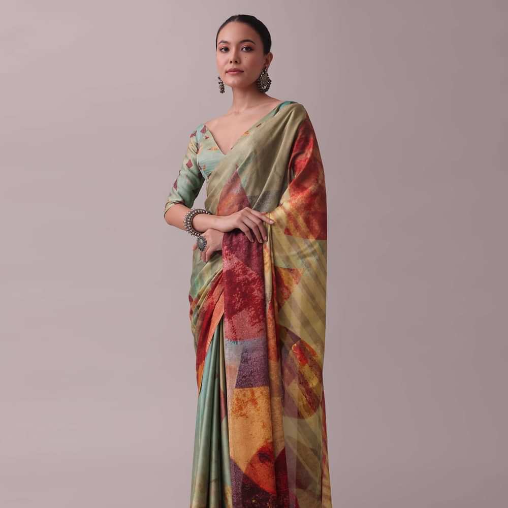 Vibrant Multicolor Saree In Satin With Abstract Print