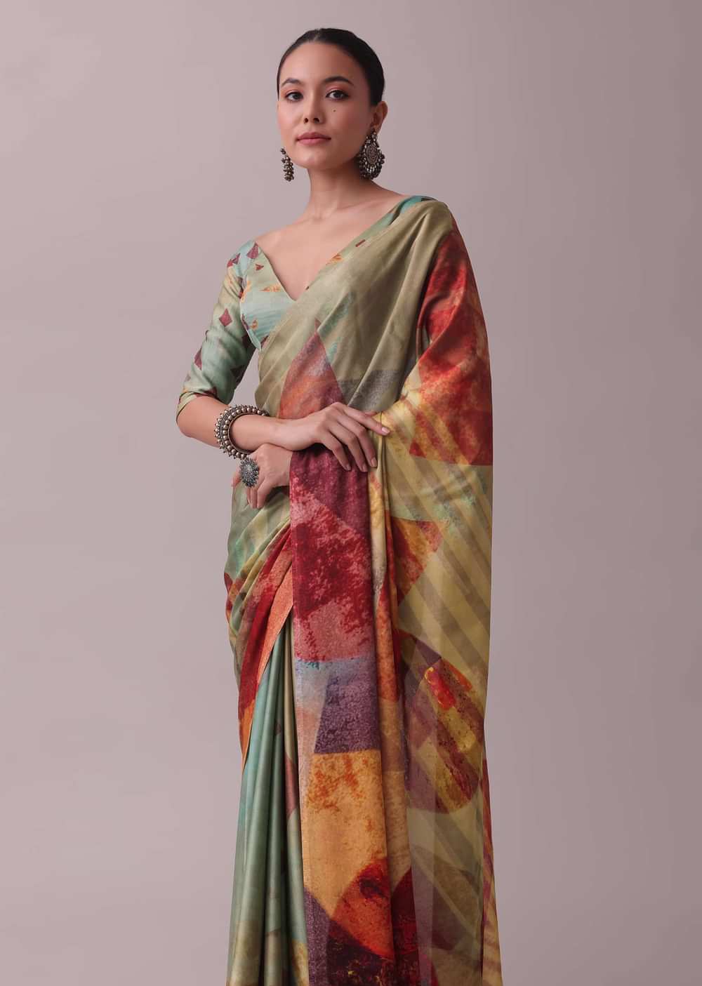 Vibrant Multicolor Saree In Satin With Abstract Print