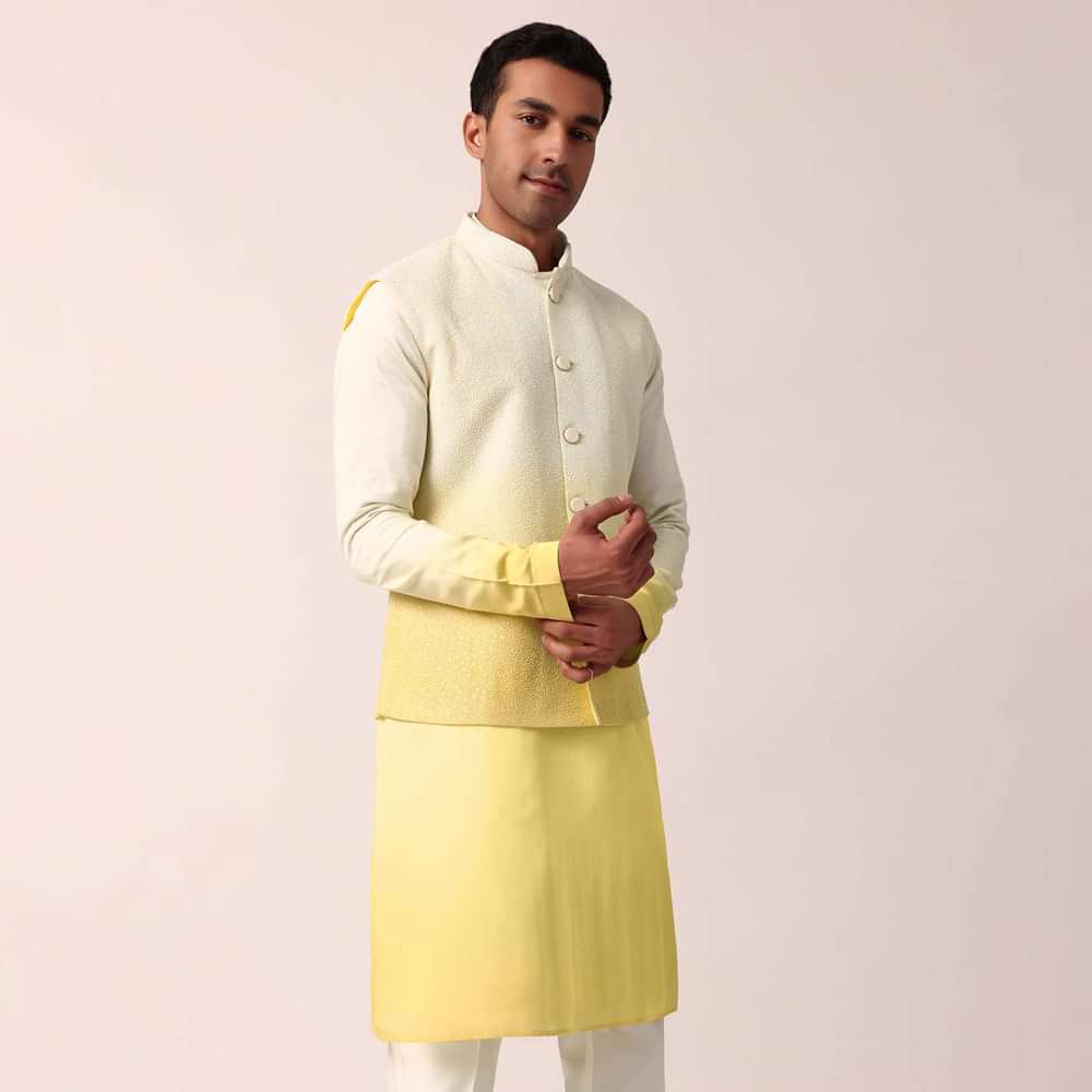 Vibrant Yellow Silk Jacket Kurta Set For Men