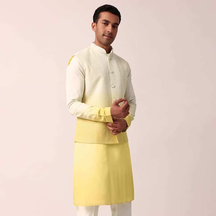 Vibrant Yellow Silk Jacket Kurta Set For Men