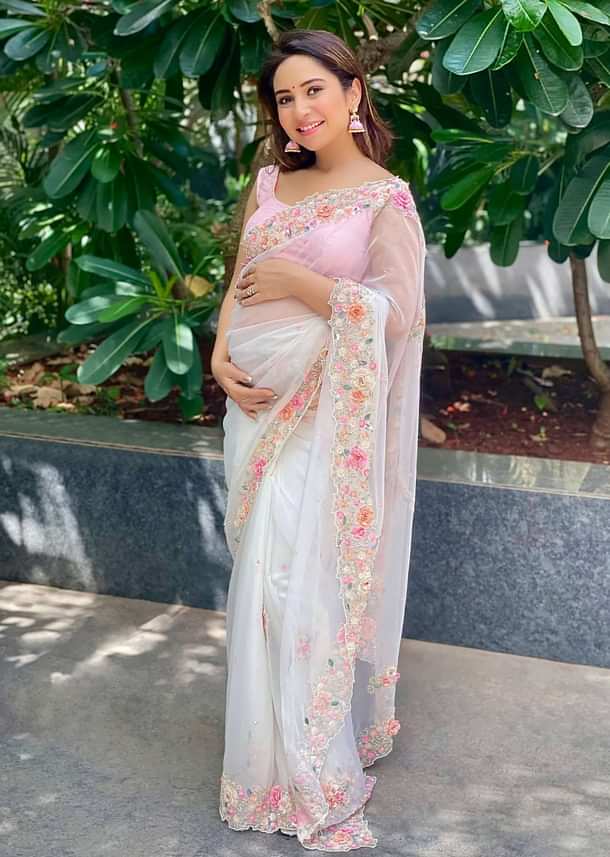 Powder White Saree In Organza With 3D Flower Embroidered Border And Buttis Featuring Multi Colored Moti And Sequins