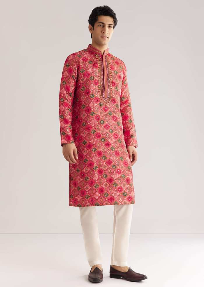 Violet Brocade Zipper Kurta Set With Mirror Work