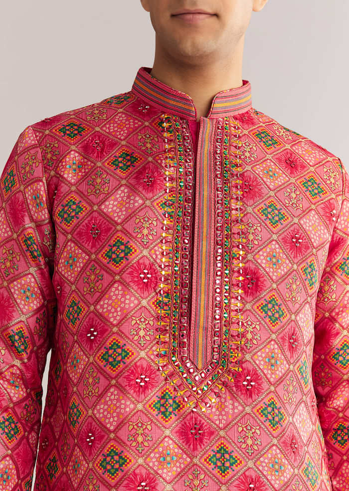 Violet Brocade Zipper Kurta Set With Mirror Work